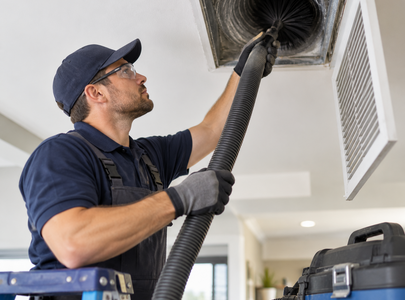 Air duct technician service a duct.