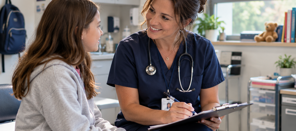 Nurse with a clipboard with a young patient.