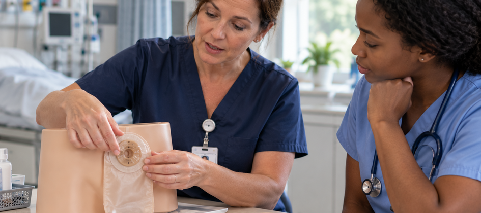 Two nurses discussing wound care.