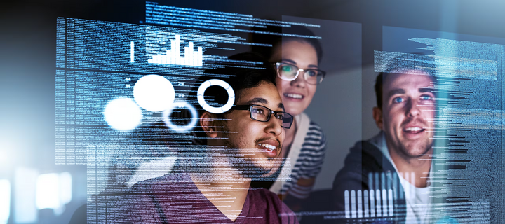 Three office workers behind three clear screens of data.